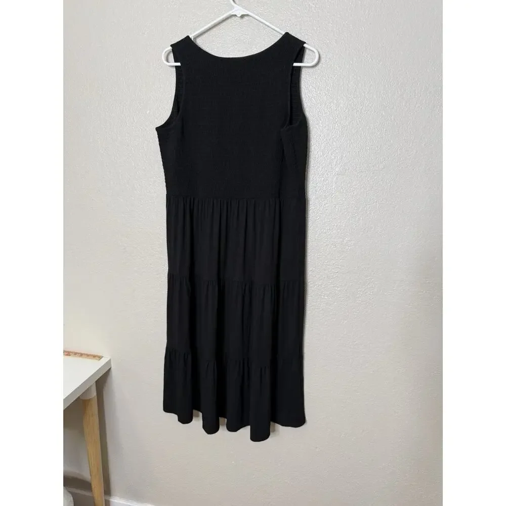 J.Jill Smocked Sleeveless Midi Dress Women's Size L PL Black NWT